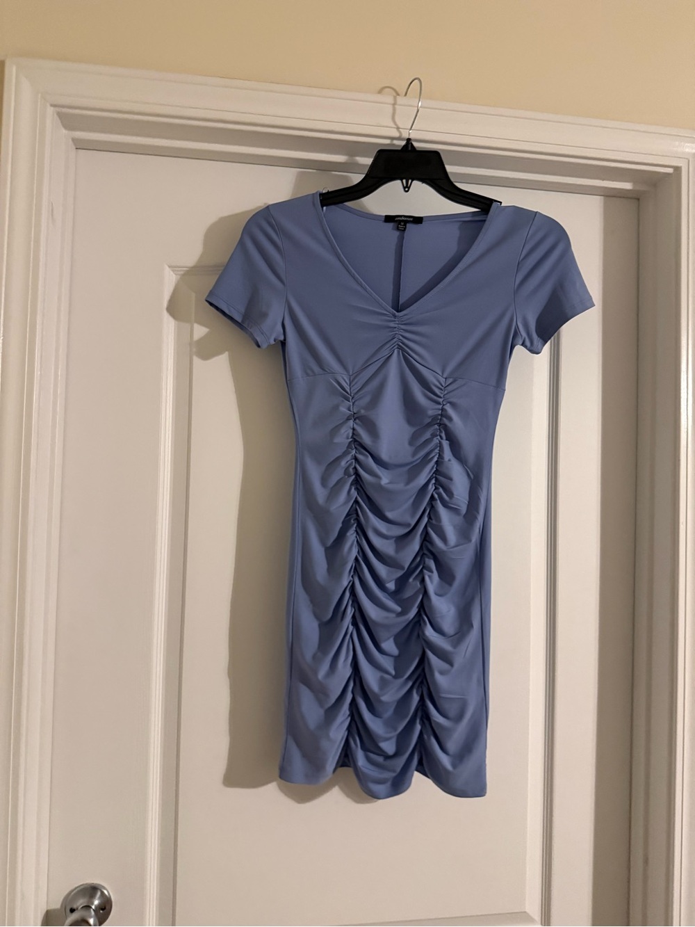 Ambiance Dusty Blue Ruched V-Neck Short Sleeve Dress